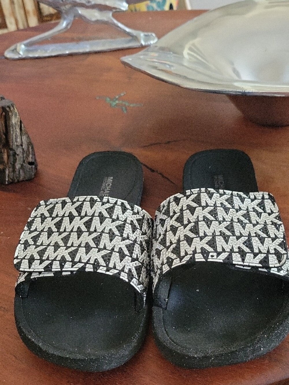 Michael Kors Black Slide Sandals with White MK Logo Strap - Picture 3 of 11
